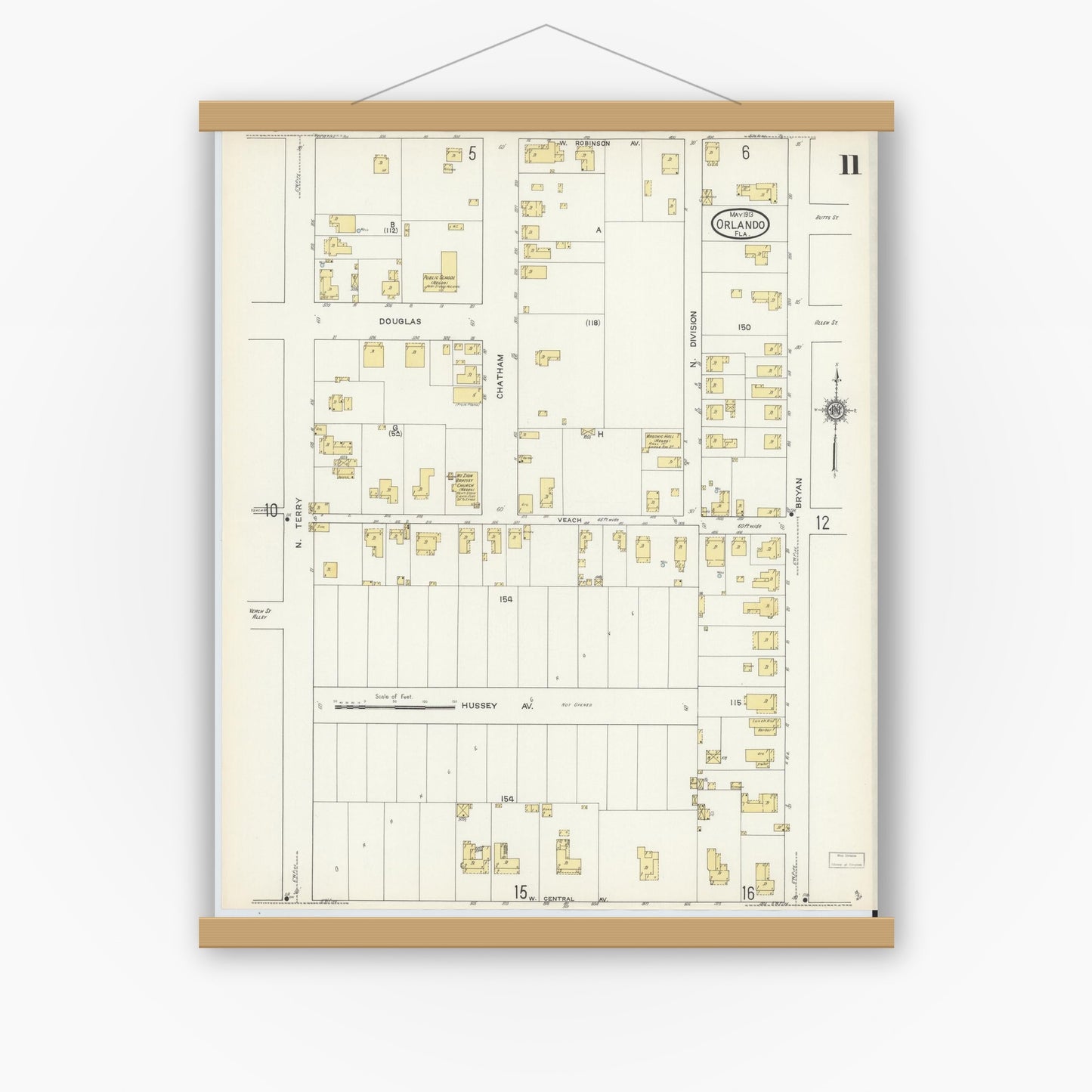 Old map wall art mockup — magnetic wood frame on white wall — Sanborn Fire Insurance Map from Orlando, Orange County, Florida (1913), Sheet #0011