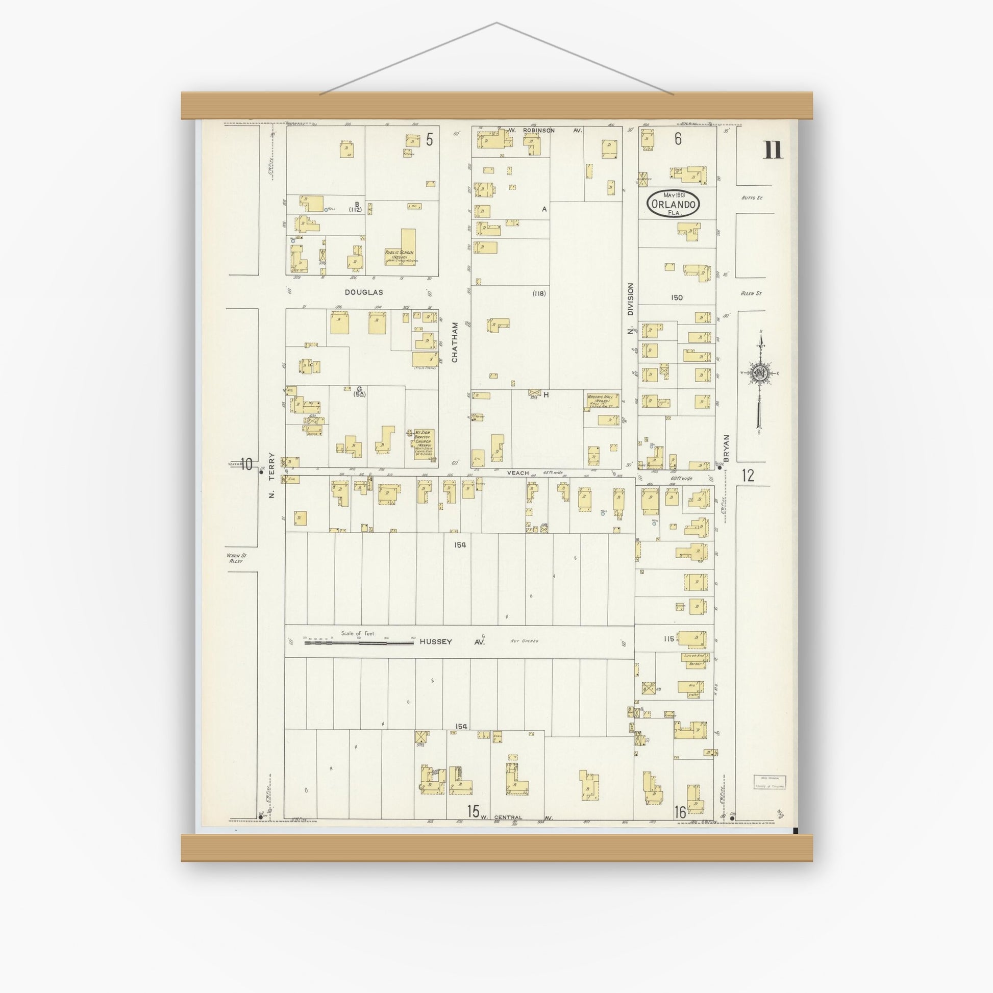 Old map wall art mockup — magnetic wood frame on white wall — Sanborn Fire Insurance Map from Orlando, Orange County, Florida (1913), Sheet #0011