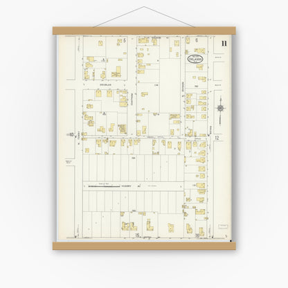 Old map wall art mockup — magnetic wood frame on white wall — Sanborn Fire Insurance Map from Orlando, Orange County, Florida (1913), Sheet #0011