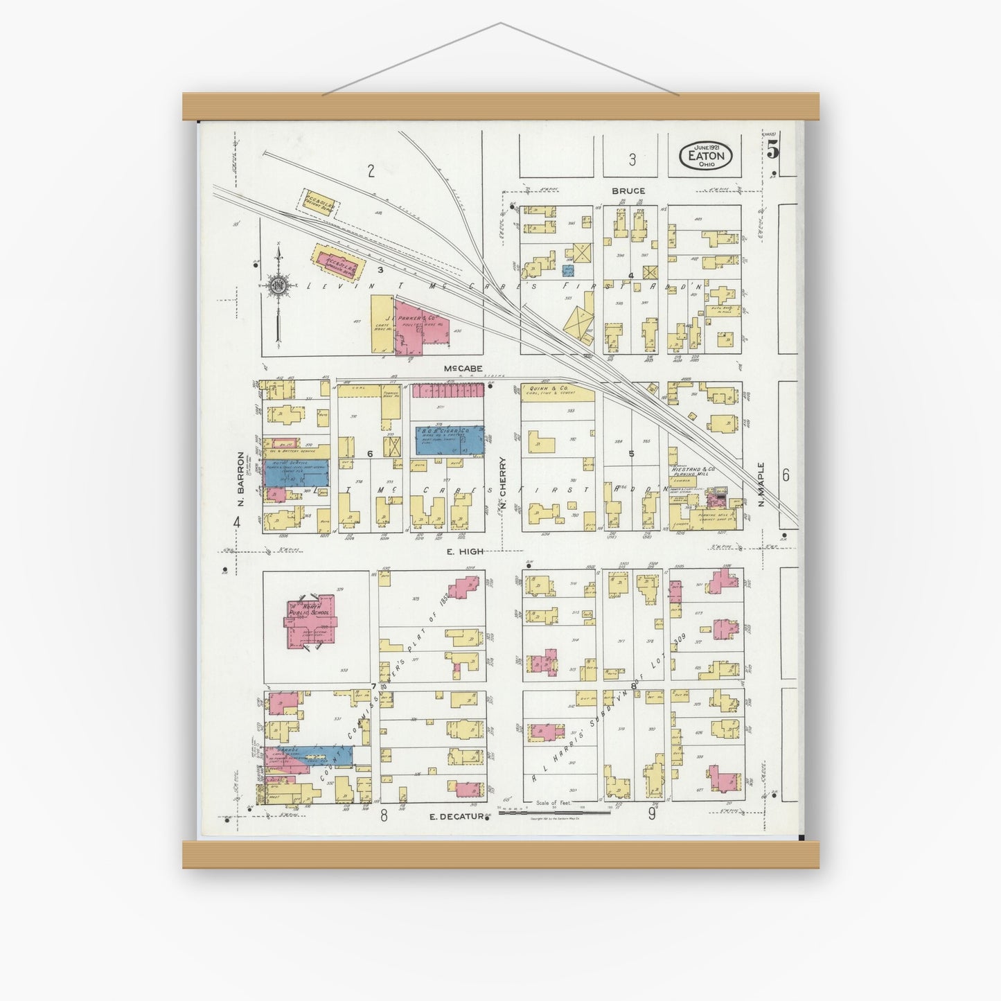 Old map wall art mockup — magnetic wood frame on white wall — Sanborn Fire Insurance Map from Eaton, Preble County, Ohio (1921), Sheet #0005