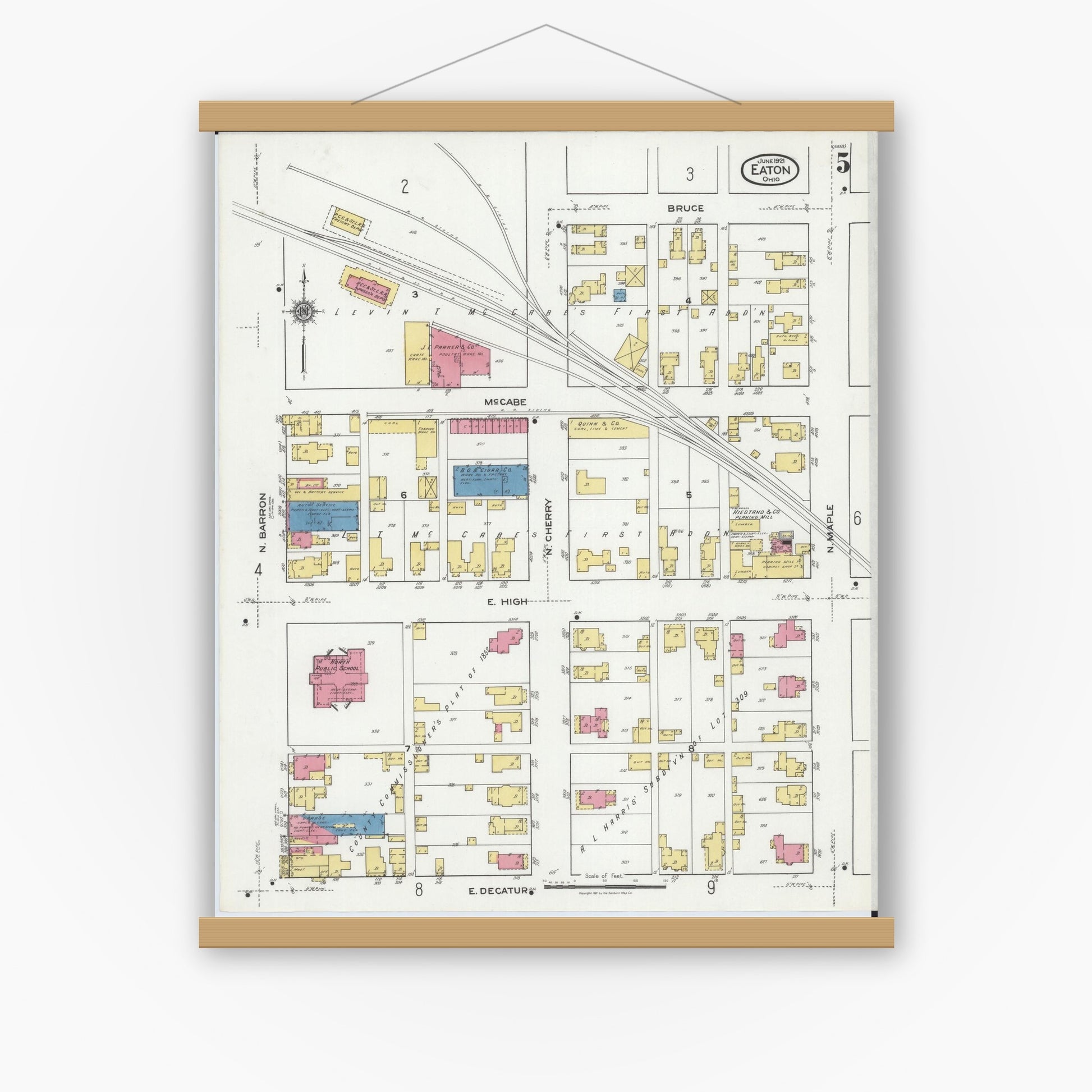 Old map wall art mockup — magnetic wood frame on white wall — Sanborn Fire Insurance Map from Eaton, Preble County, Ohio (1921), Sheet #0005