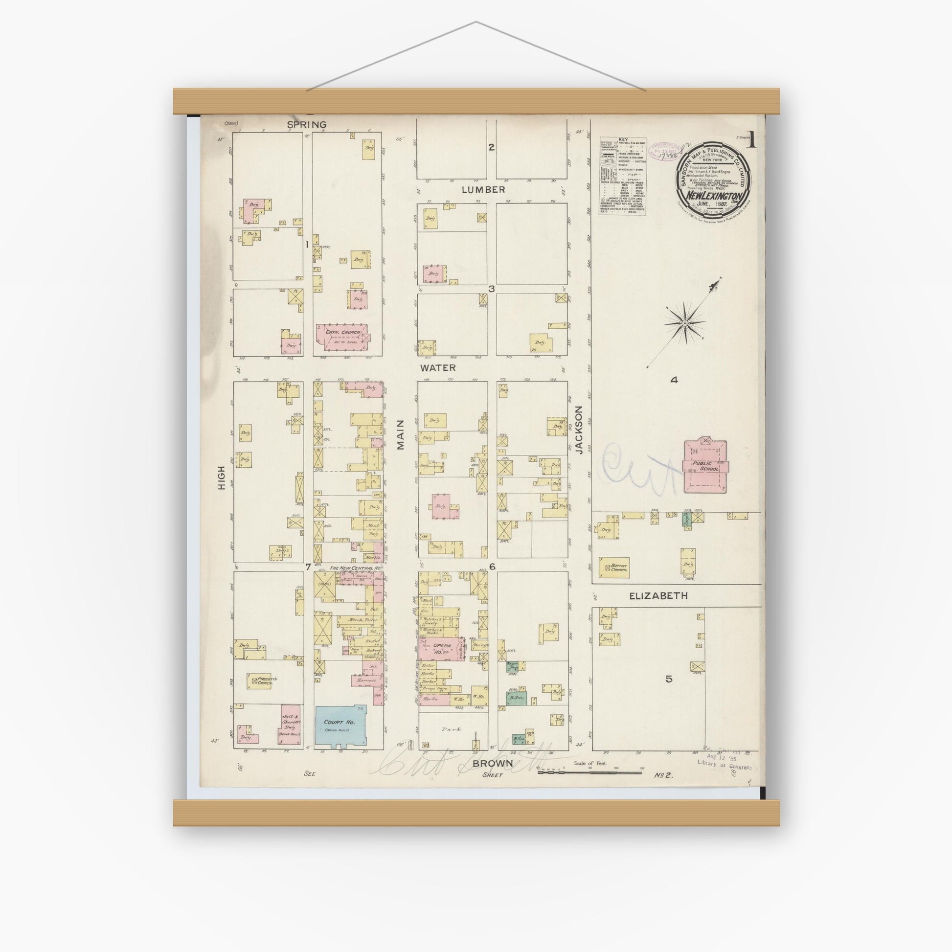 Old map wall art mockup — magnetic wood frame on white wall — Sanborn Fire Insurance Map from New Lexington, Perry County, Ohio (1887) - Complete Map Set