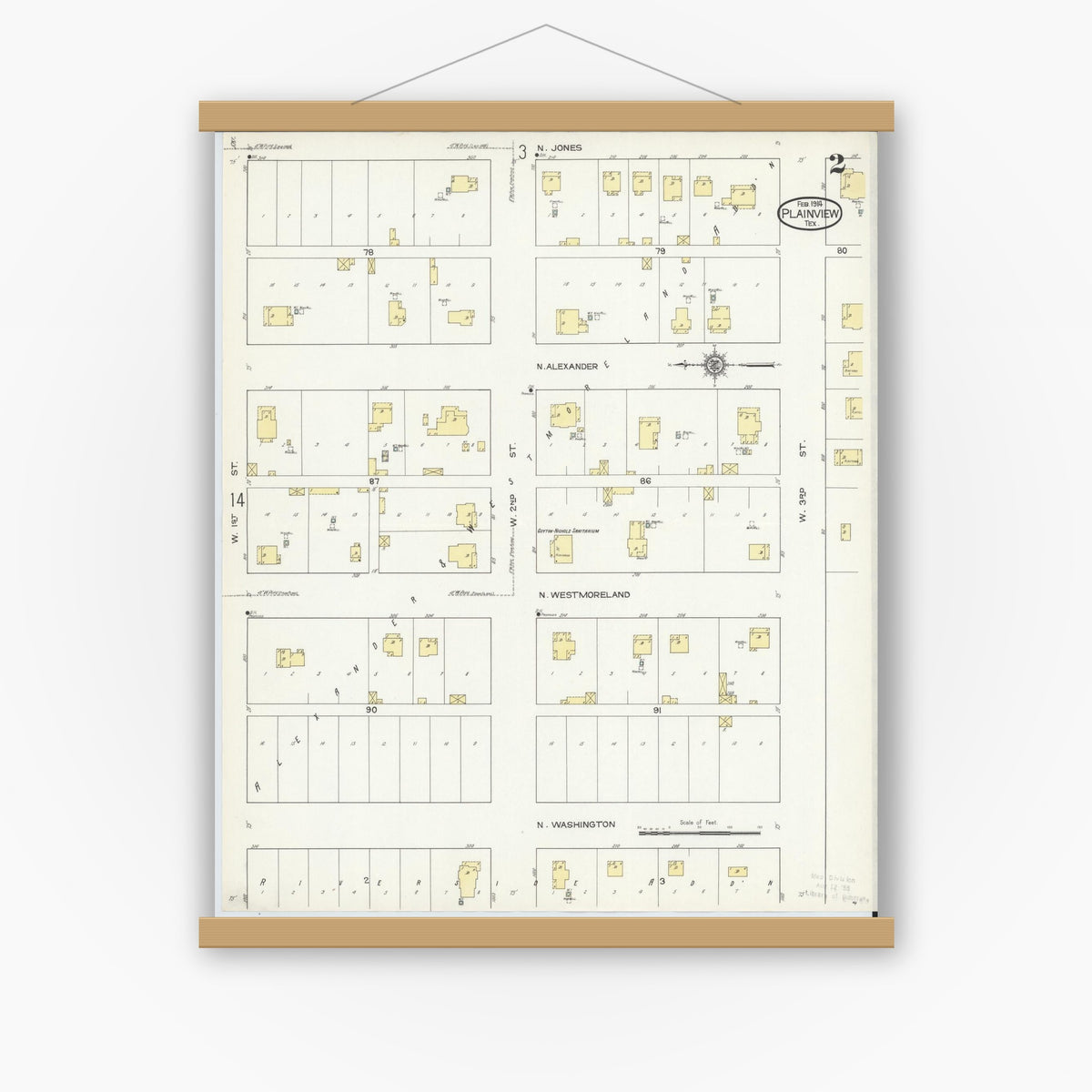 Old map wall art mockup — magnetic wood frame on white wall — Sanborn Fire Insurance Map from Plainview, Hale County, Texas (1914), Sheet #0002