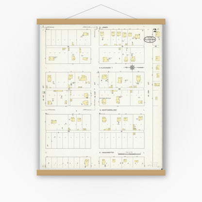 Old map wall art mockup — magnetic wood frame on white wall — Sanborn Fire Insurance Map from Plainview, Hale County, Texas (1914), Sheet #0002