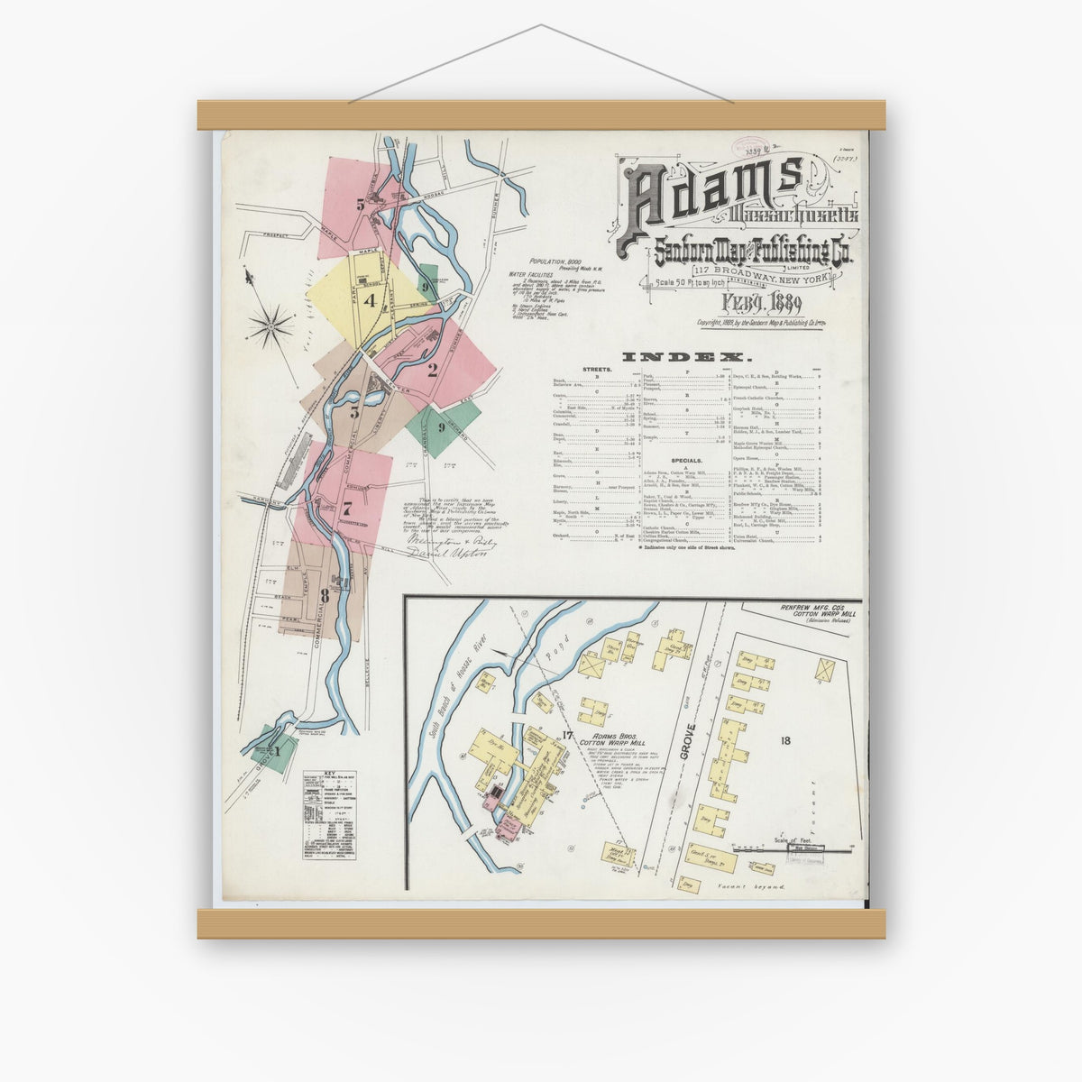 Old map wall art mockup — magnetic wood frame on white wall — Sanborn Fire Insurance Map from Adams, Berkshire County, Massachusetts (1889) - Complete Map Set