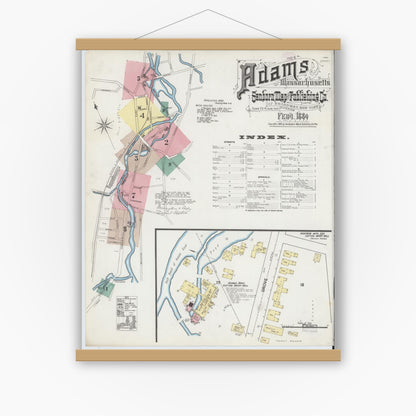 Old map wall art mockup — magnetic wood frame on white wall — Sanborn Fire Insurance Map from Adams, Berkshire County, Massachusetts (1889) - Complete Map Set