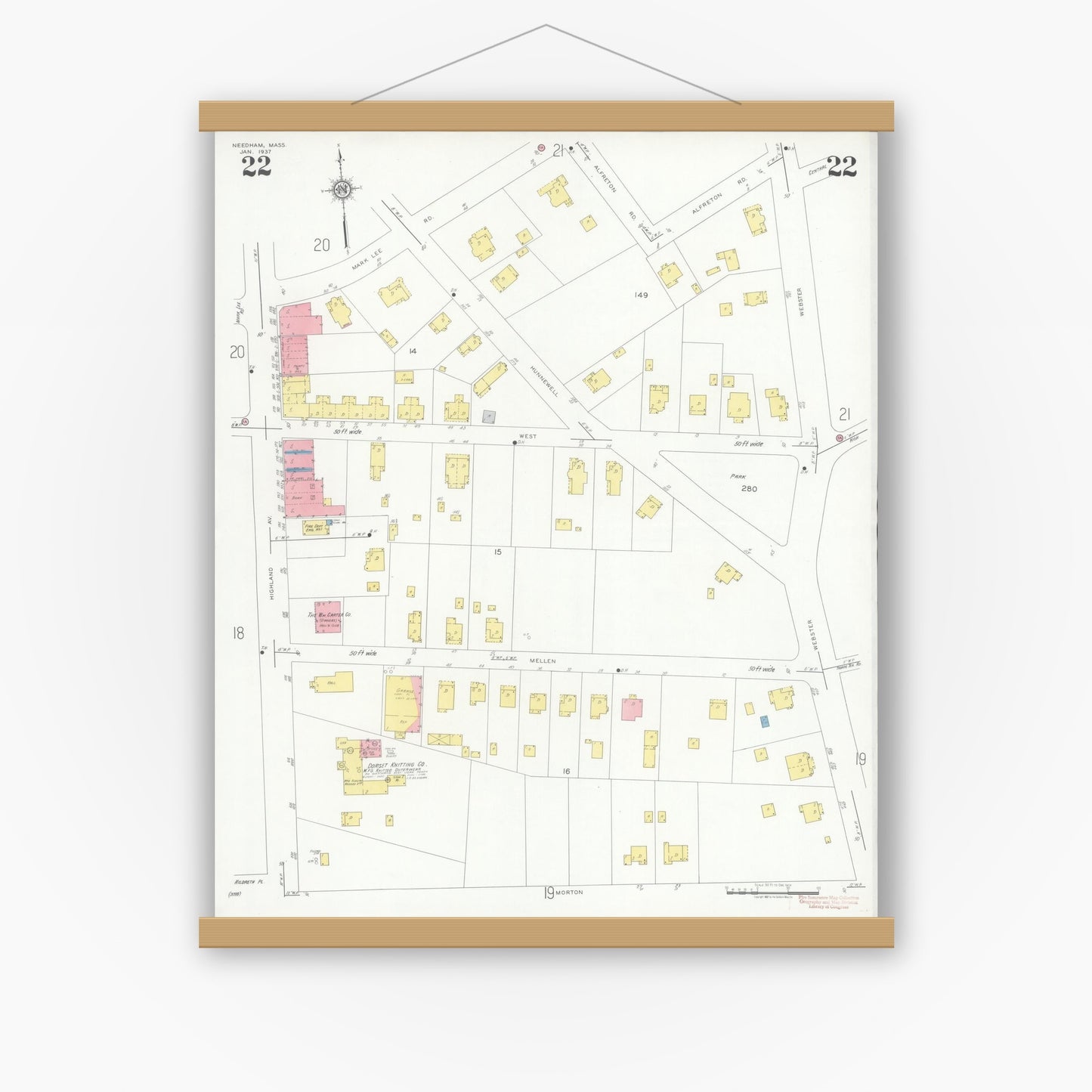 Old map wall art mockup — magnetic wood frame on white wall — Sanborn Fire Insurance Map from Needham, Norfolk County, Massachusetts (1937), Sheet #0022
