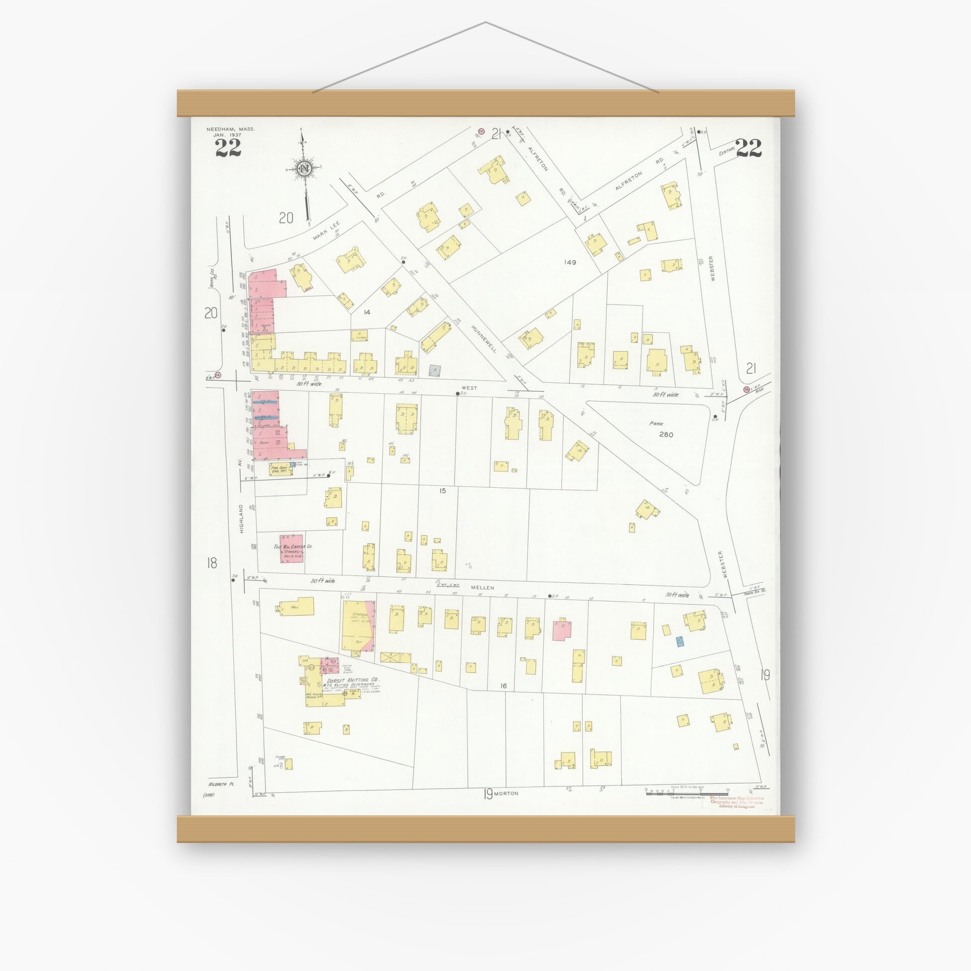 Old map wall art mockup — magnetic wood frame on white wall — Sanborn Fire Insurance Map from Needham, Norfolk County, Massachusetts (1937), Sheet #0022