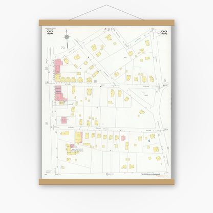 Old map wall art mockup — magnetic wood frame on white wall — Sanborn Fire Insurance Map from Needham, Norfolk County, Massachusetts (1937), Sheet #0022