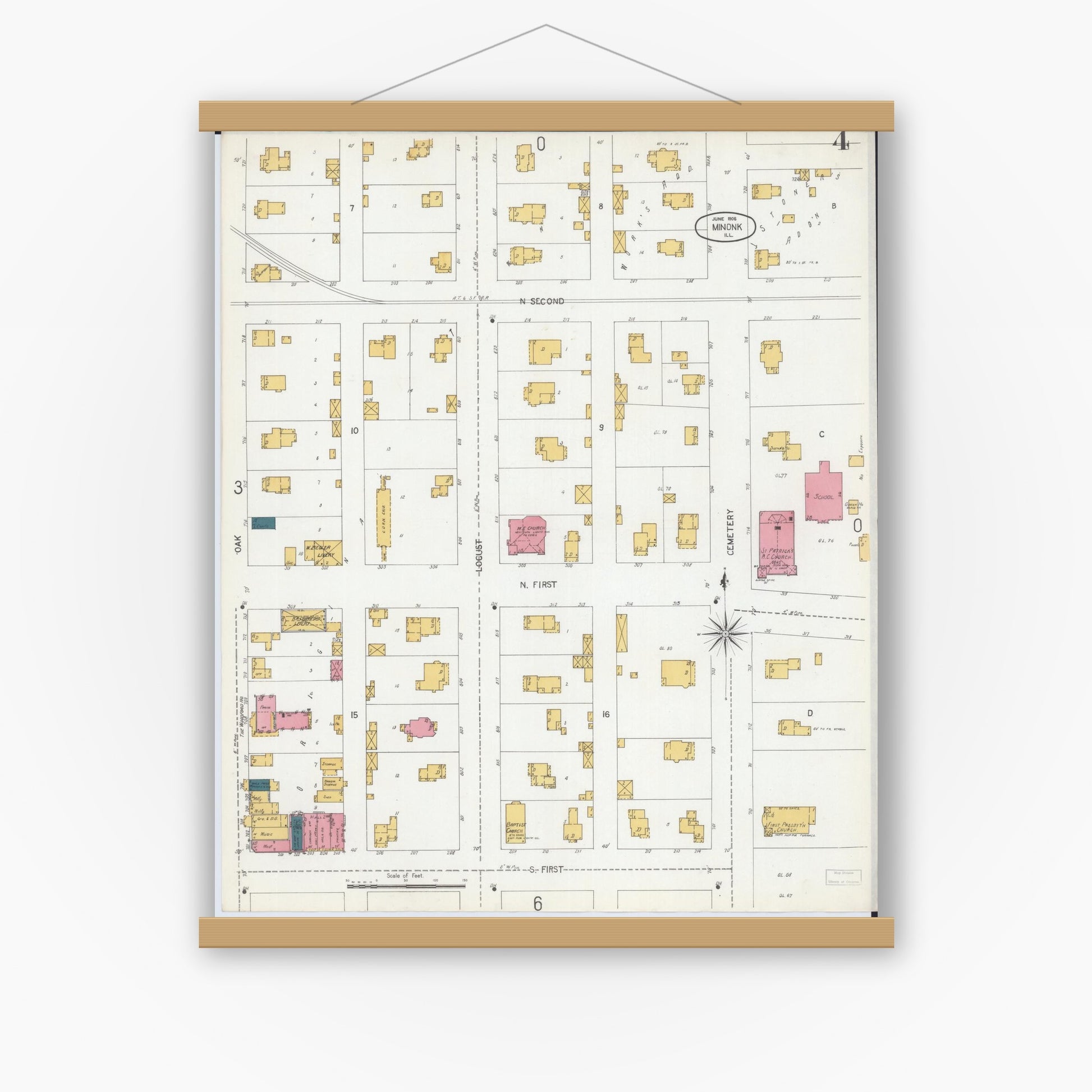 Old map wall art mockup — magnetic wood frame on white wall — Sanborn Fire Insurance Map from Minonk, Woodford County, Illinois (1906), Sheet #0004