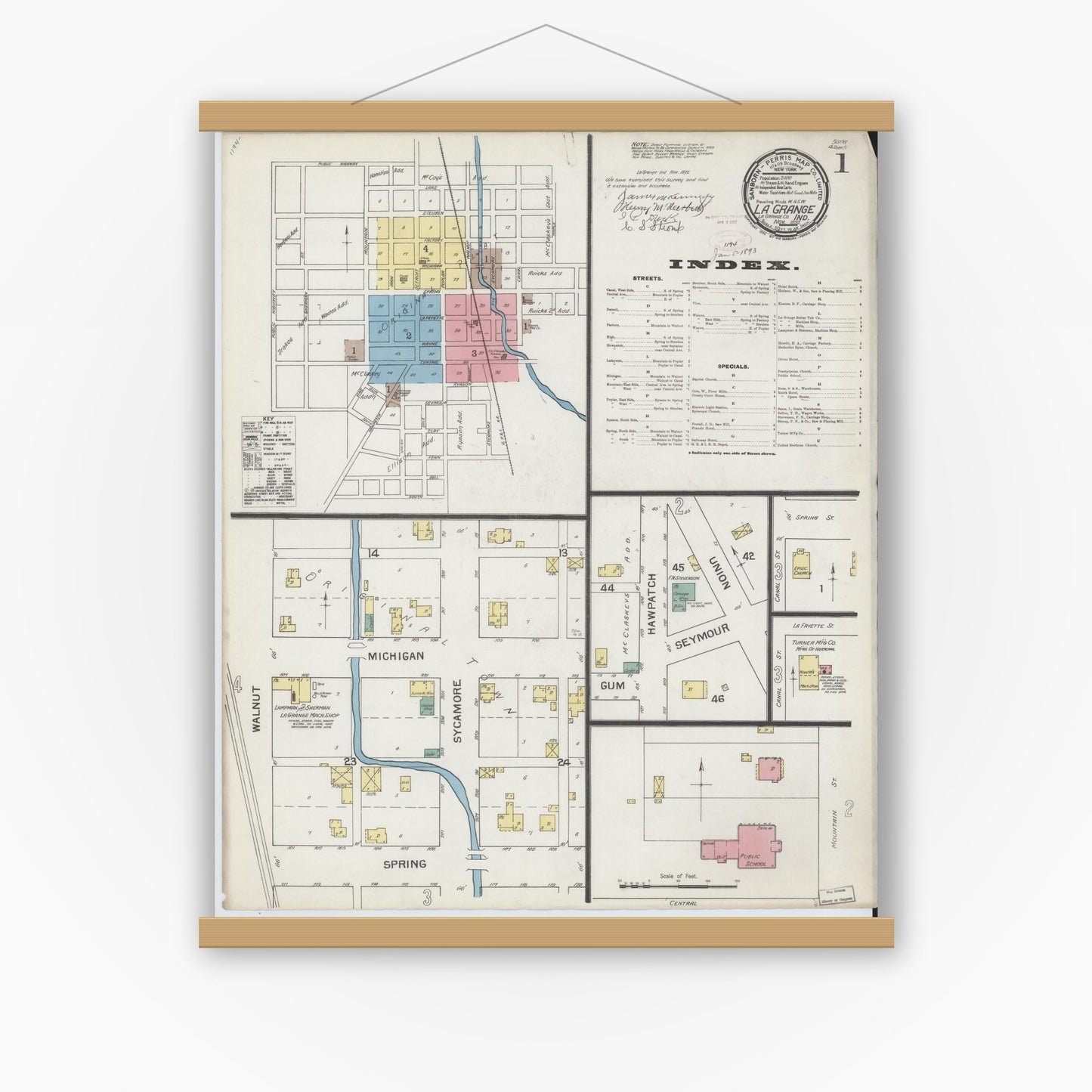 Old map wall art mockup — magnetic wood frame on white wall — Sanborn Fire Insurance Map from Lagrange, LaGrange County, Indiana (1892) - Complete Map Set