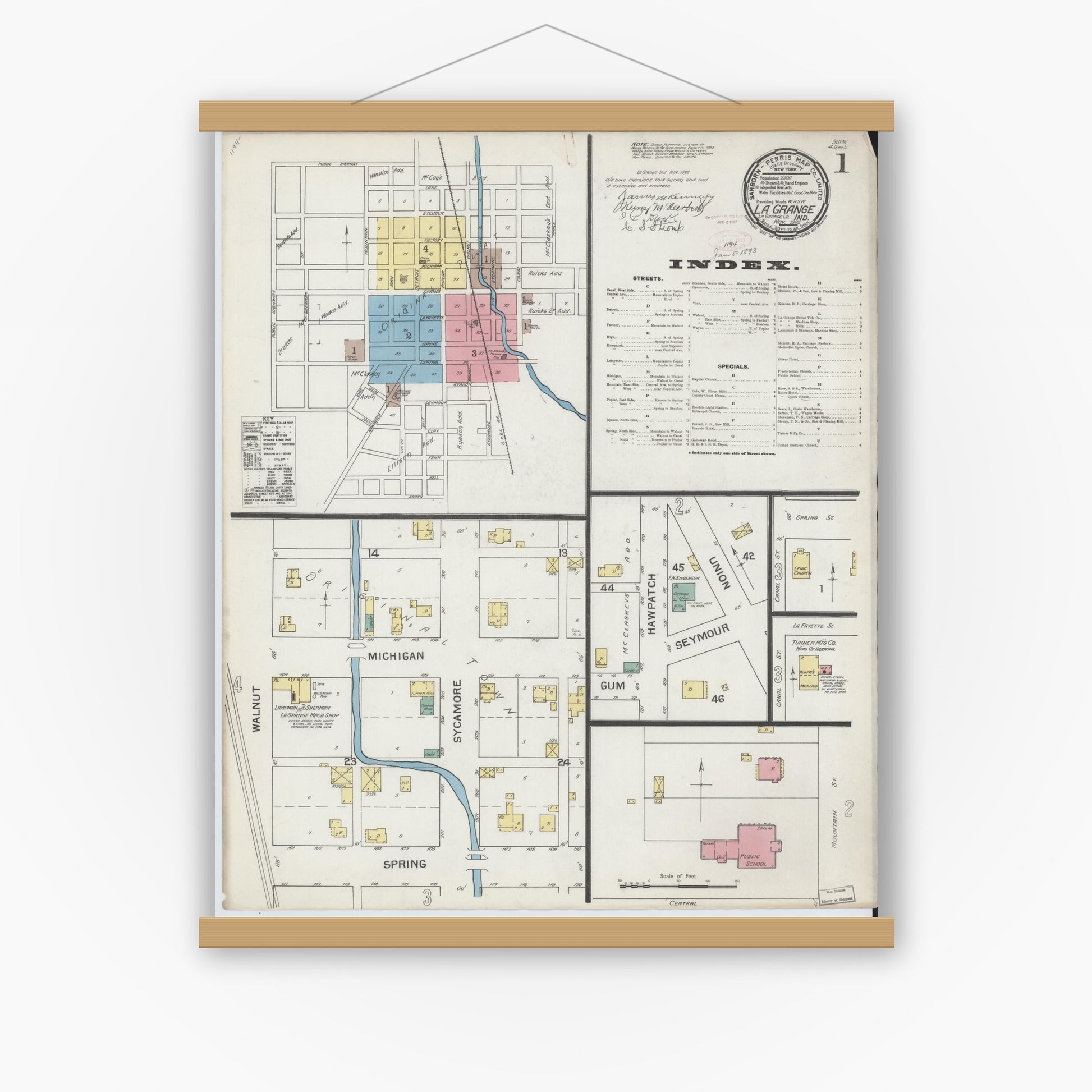 Old map wall art mockup — magnetic wood frame on white wall — Sanborn Fire Insurance Map from Lagrange, LaGrange County, Indiana (1892) - Complete Map Set