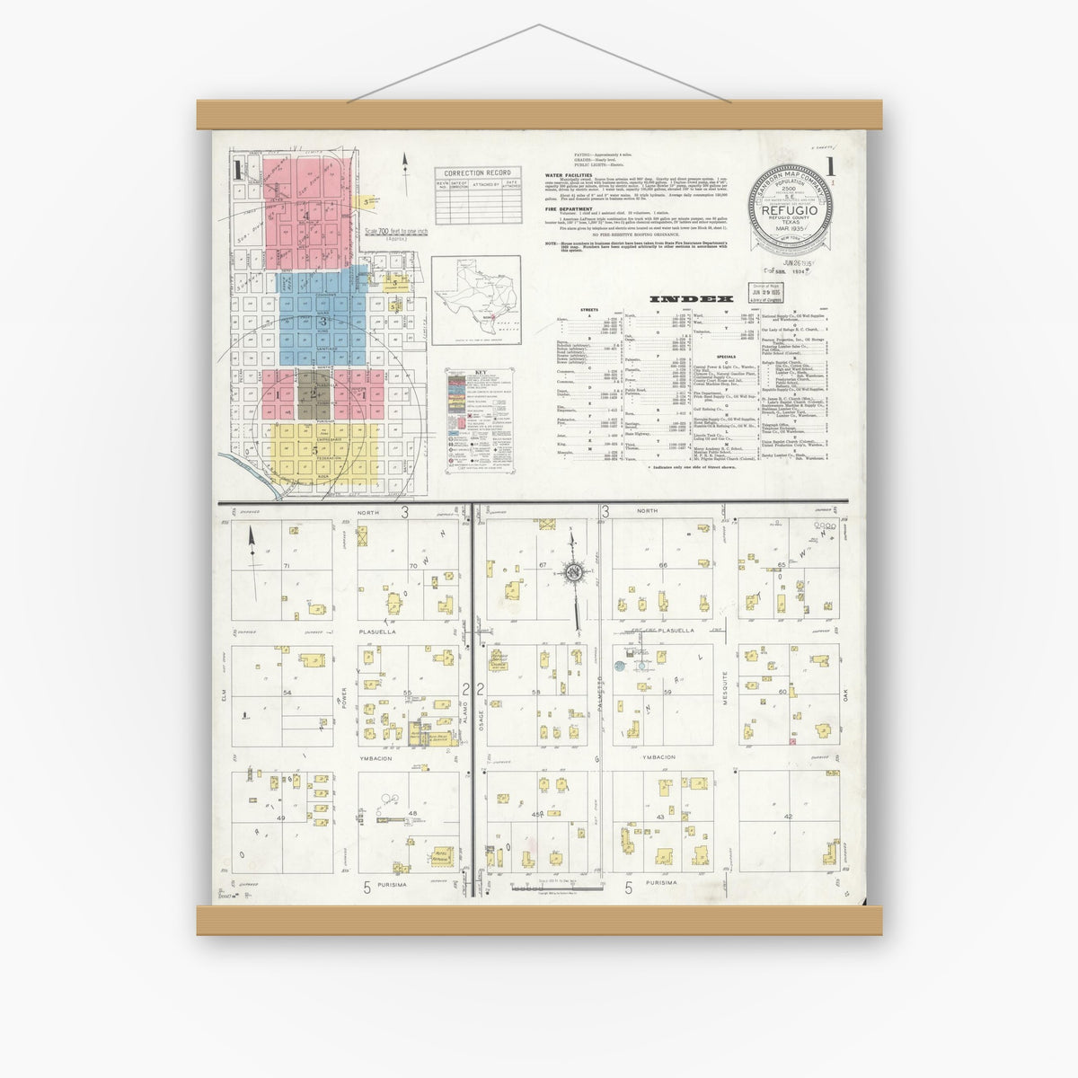 Old map wall art mockup — magnetic wood frame on white wall — Sanborn Fire Insurance Map from Refugio, Refugio County, Texas (1935) - Complete Map Set