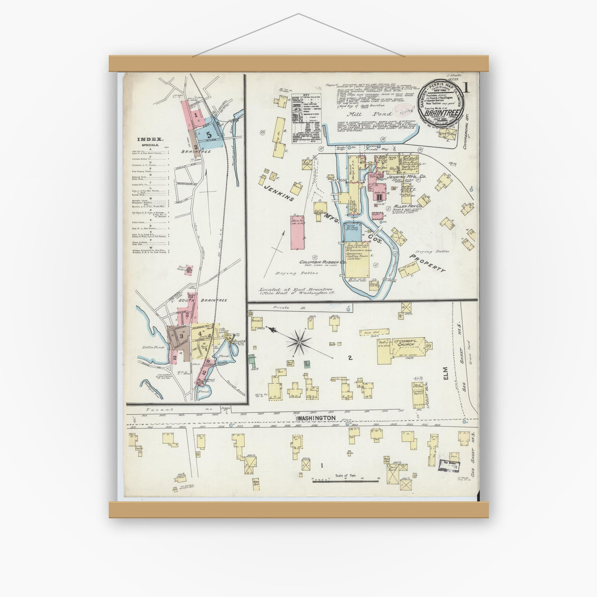 Old map wall art mockup — magnetic wood frame on white wall — Sanborn Fire Insurance Map from Braintree, Norfolk County, Massachusetts (1891), Sheet #0001