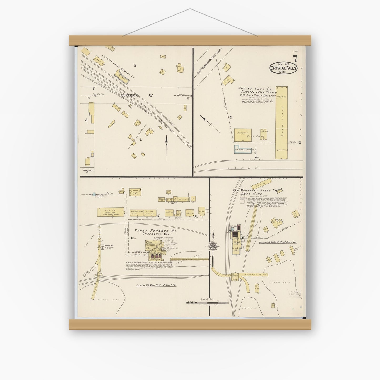 Old map wall art mockup — magnetic wood frame on white wall — Sanborn Fire Insurance Map from Crystal Falls, Iron County, Michigan (1922), Sheet #0007