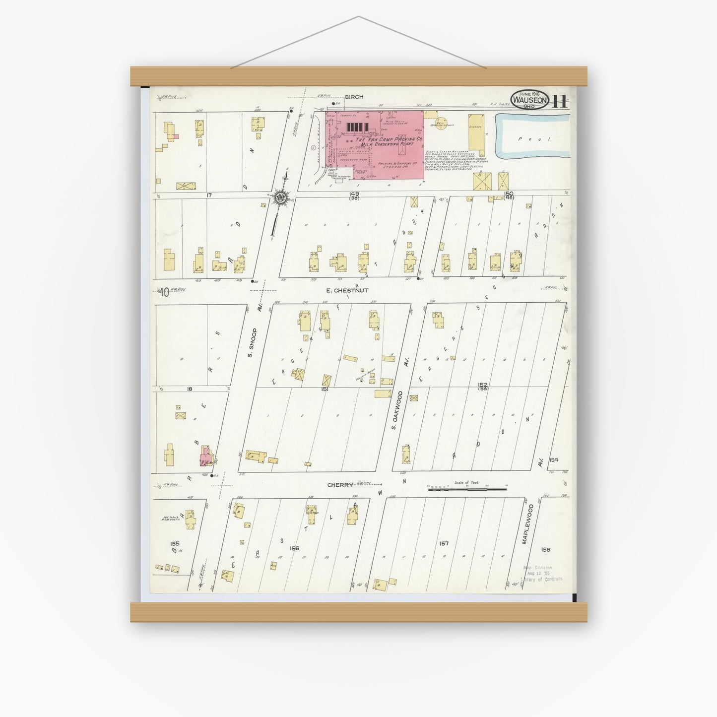 Old map wall art mockup — magnetic wood frame on white wall — Sanborn Fire Insurance Map from Wauseon, Fulton County, Ohio (1916), Sheet #0011