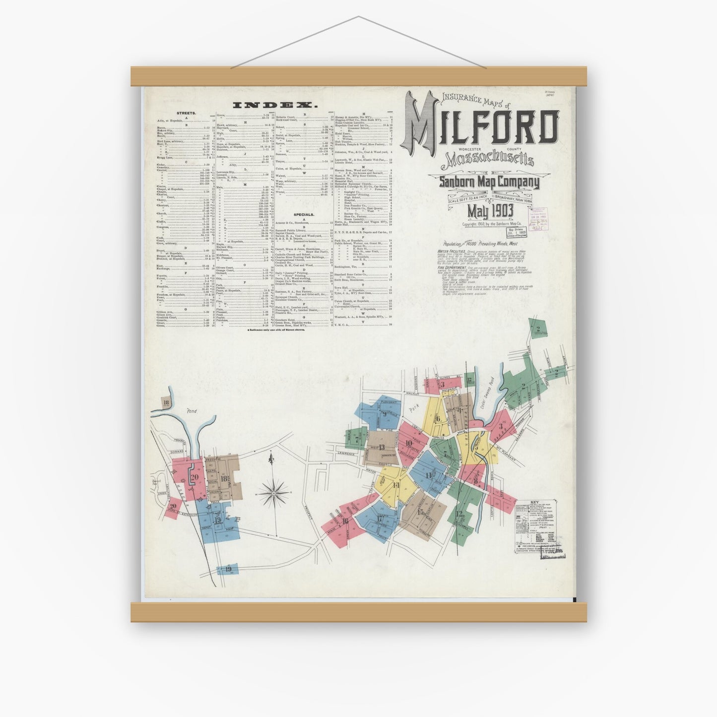 Old map wall art mockup — magnetic wood frame on white wall — Sanborn Fire Insurance Map from Milford, Worcester County, Massachusetts (1903), Sheet #0001