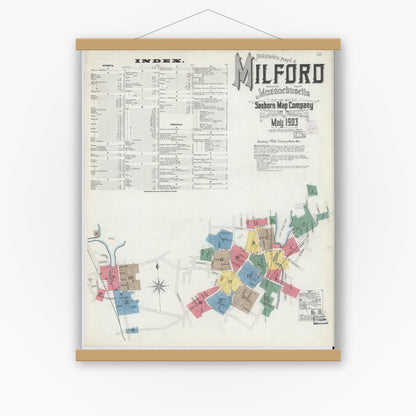 Old map wall art mockup — magnetic wood frame on white wall — Sanborn Fire Insurance Map from Milford, Worcester County, Massachusetts (1903), Sheet #0001