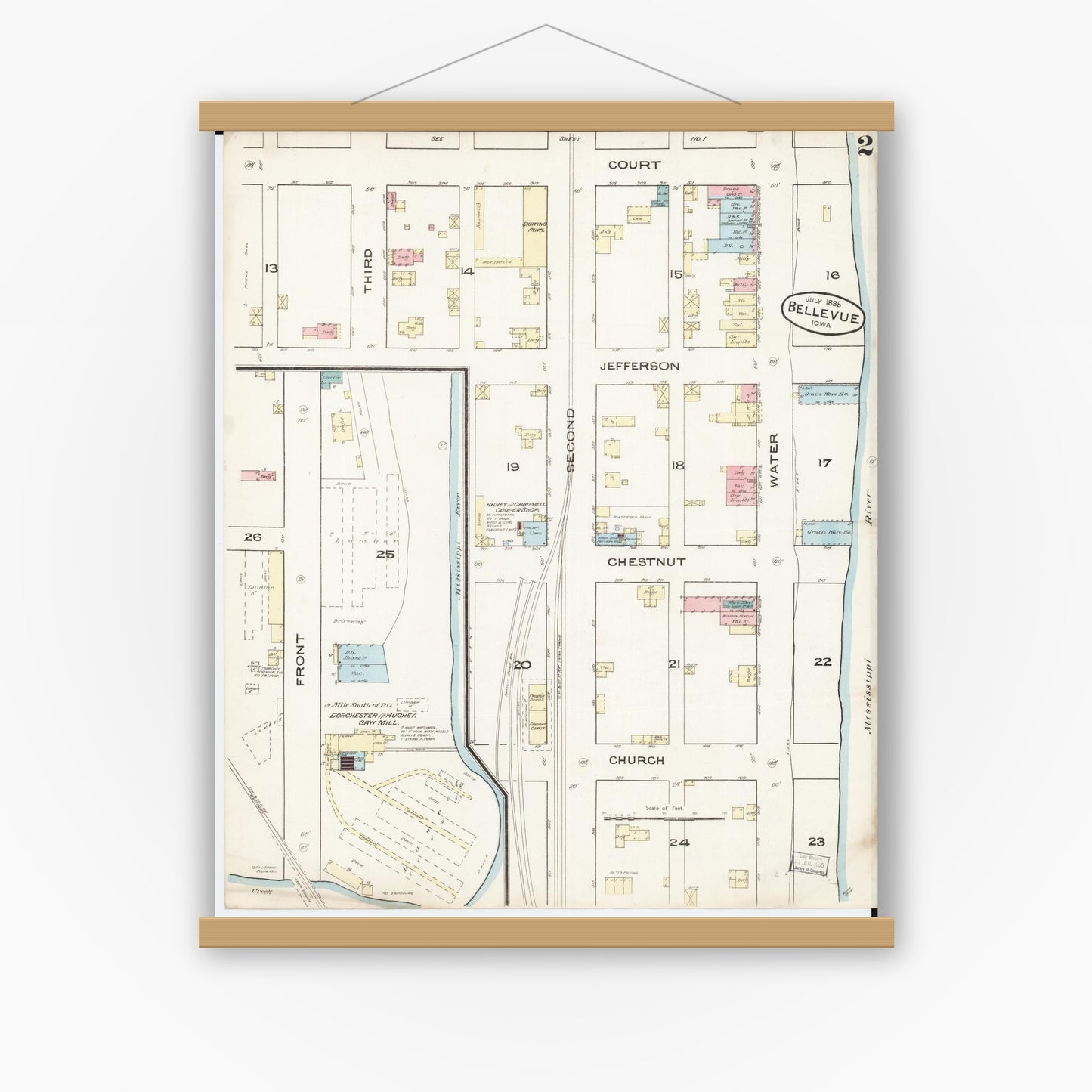 Old map wall art mockup — magnetic wood frame on white wall — Sanborn Fire Insurance Map from Bellevue, Jackson County, Iowa (1885), Sheet #0002