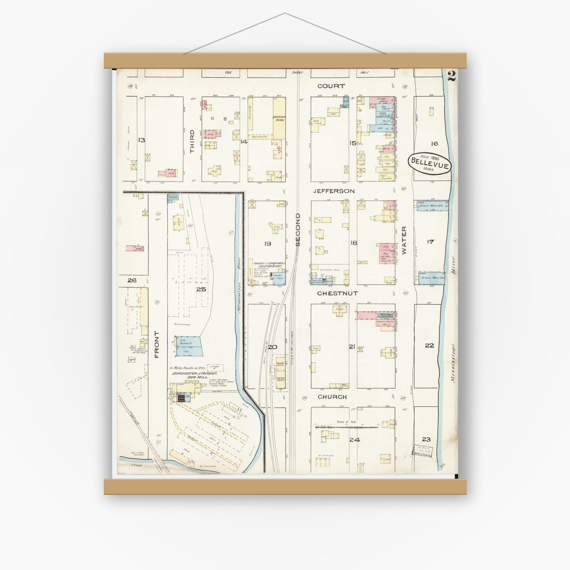 Old map wall art mockup — magnetic wood frame on white wall — Sanborn Fire Insurance Map from Bellevue, Jackson County, Iowa (1885), Sheet #0002