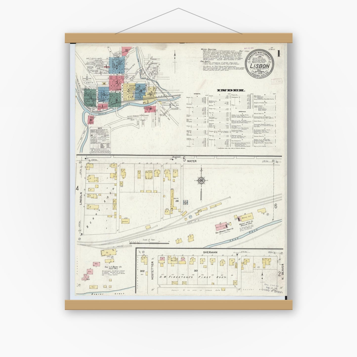 Old map wall art mockup — magnetic wood frame on white wall — Sanborn Fire Insurance Map from Lisbon, Columbiana County, Ohio (1909) - Complete Map Set
