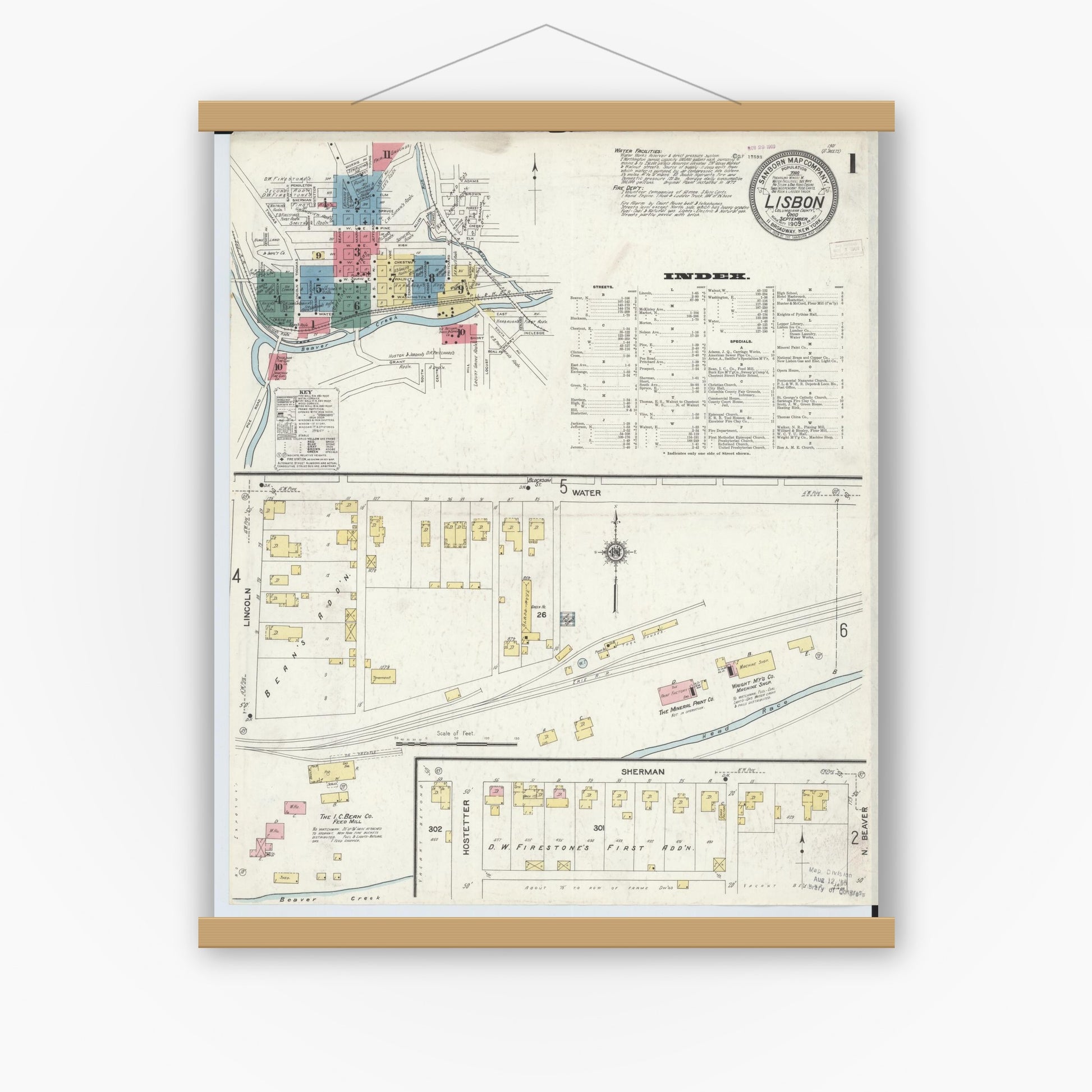 Old map wall art mockup — magnetic wood frame on white wall — Sanborn Fire Insurance Map from Lisbon, Columbiana County, Ohio (1909) - Complete Map Set