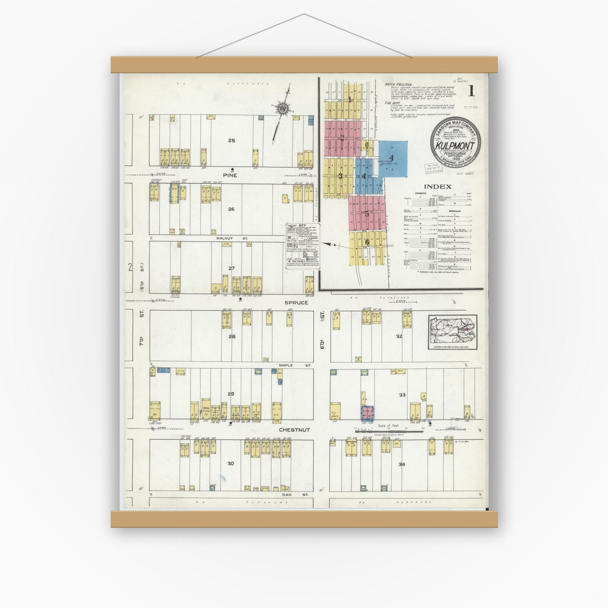 Old map wall art mockup — magnetic wood frame on white wall — Sanborn Fire Insurance Map from Kulpmont, Northumberland County, Pennsylvania (1920) - Complete Map Set