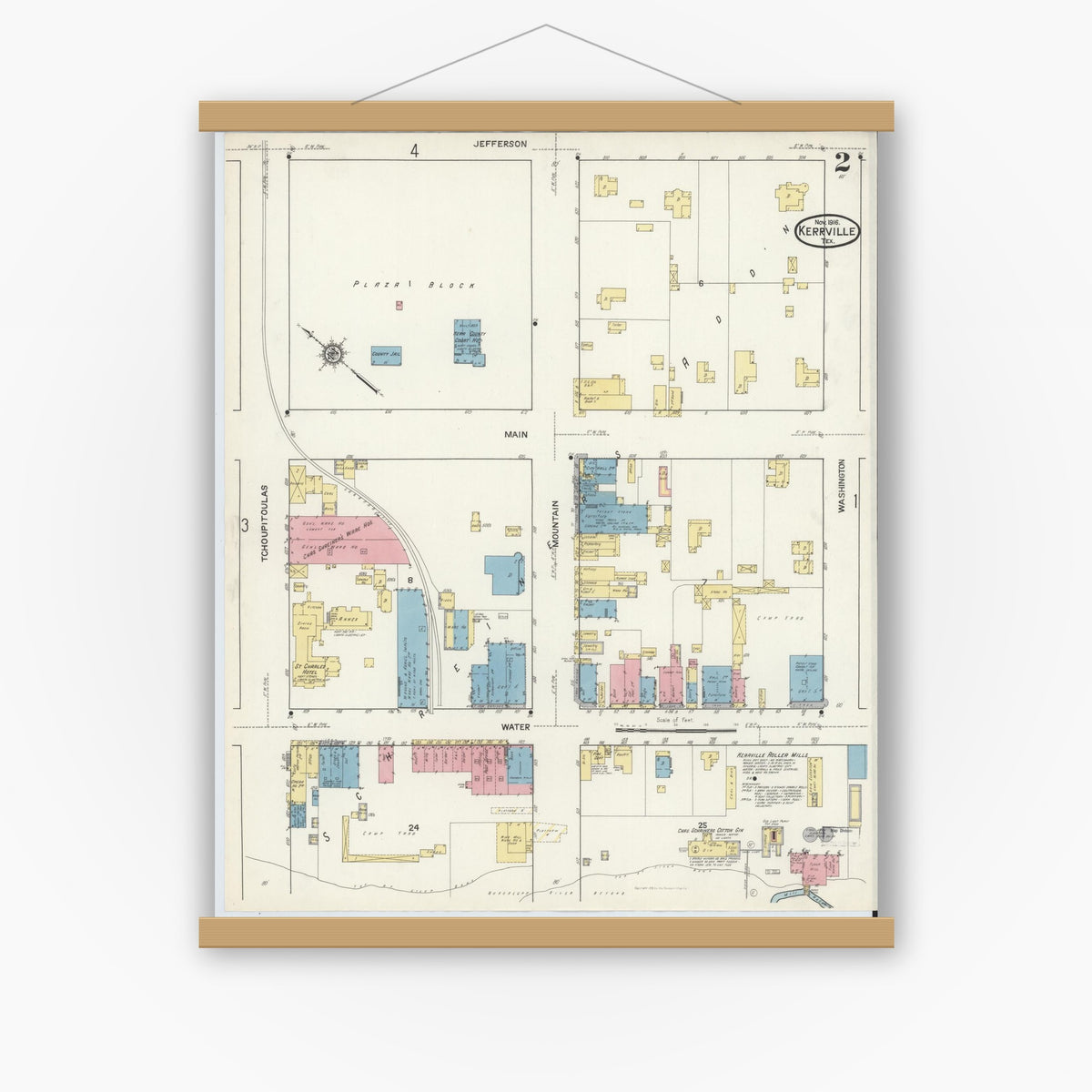 Old map wall art mockup — magnetic wood frame on white wall — Sanborn Fire Insurance Map from Kerrville, Kerr County, Texas (1916), Sheet #0002