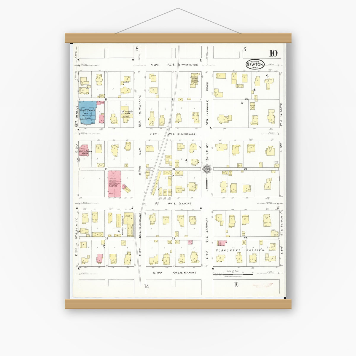 Old map wall art mockup — magnetic wood frame on white wall — Sanborn Fire Insurance Map from Newton, Jasper County, Iowa (1918), Sheet #0010