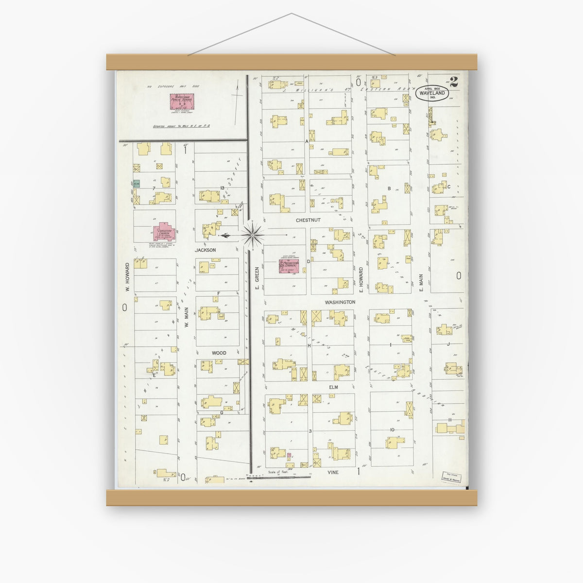Old map wall art mockup — magnetic wood frame on white wall — Sanborn Fire Insurance Map from Waveland, Montgomery County, Indiana (1902), Sheet #0002
