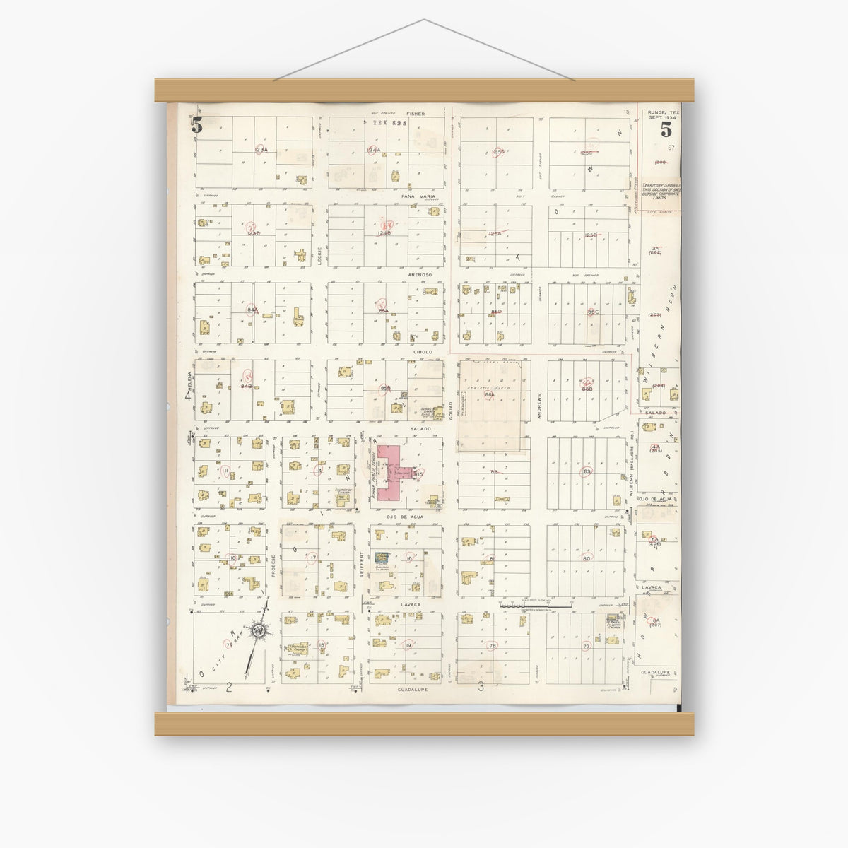 Old map wall art mockup — magnetic wood frame on white wall — Sanborn Fire Insurance Map from Runge, Karnes County, Texas (1944), Sheet #0005