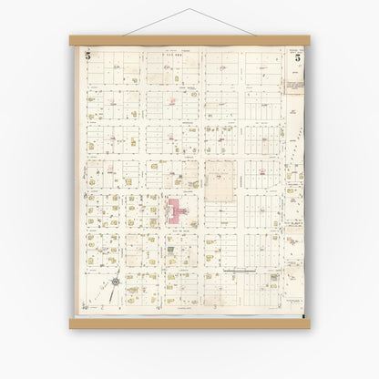 Old map wall art mockup — magnetic wood frame on white wall — Sanborn Fire Insurance Map from Runge, Karnes County, Texas (1944), Sheet #0005