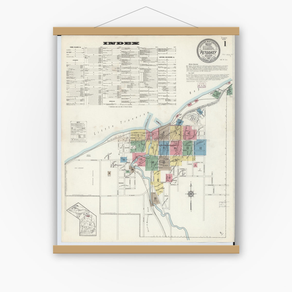 Old map wall art mockup — magnetic wood frame on white wall — Sanborn Fire Insurance Map from Petoskey, Emmet County, Michigan (1913) - Complete Map Set
