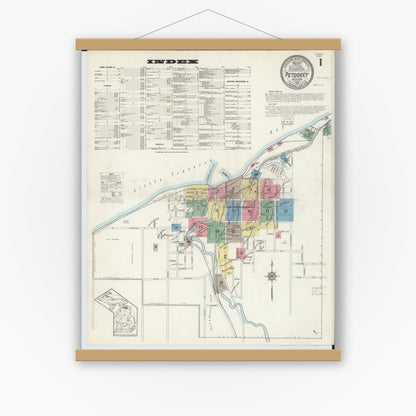 Old map wall art mockup — magnetic wood frame on white wall — Sanborn Fire Insurance Map from Petoskey, Emmet County, Michigan (1913) - Complete Map Set