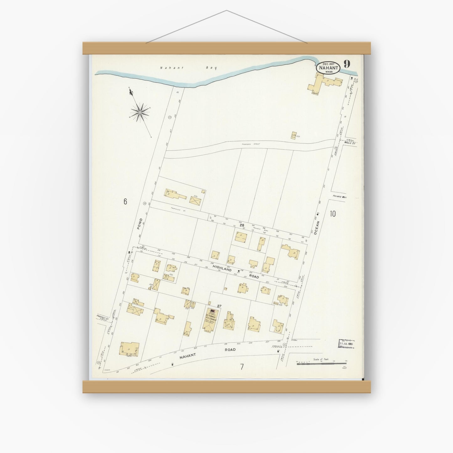 Old map wall art mockup — magnetic wood frame on white wall — Sanborn Fire Insurance Map from Nahant, Essex County, Massachusetts (1907), Sheet #0009