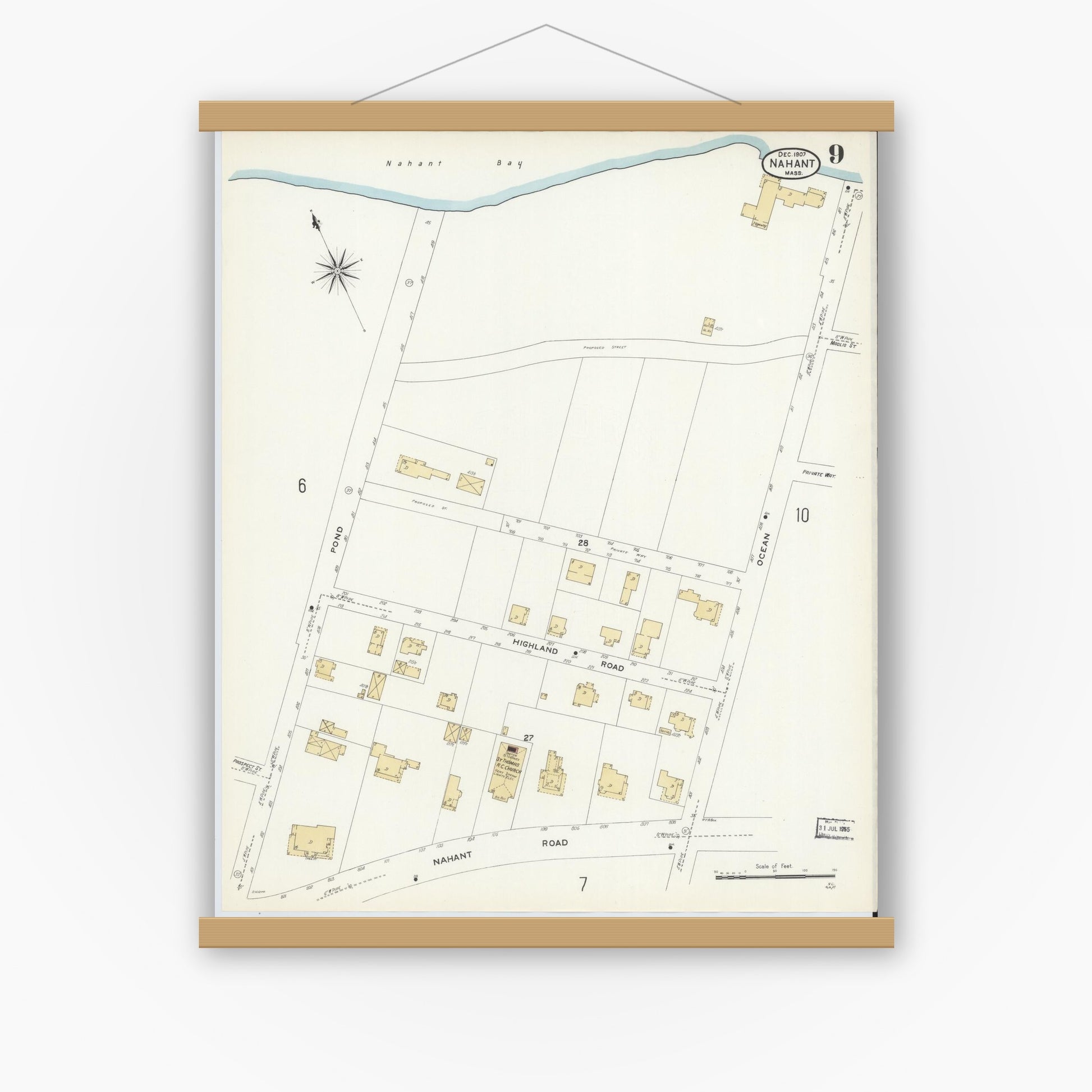 Old map wall art mockup — magnetic wood frame on white wall — Sanborn Fire Insurance Map from Nahant, Essex County, Massachusetts (1907), Sheet #0009
