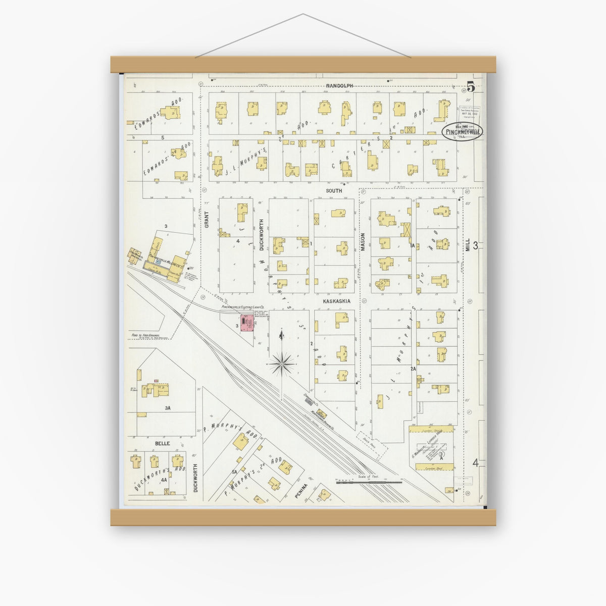 Old map wall art mockup — magnetic wood frame on white wall — Sanborn Fire Insurance Map from Pinckneyville, Perry County, Illinois (1900), Sheet #0005