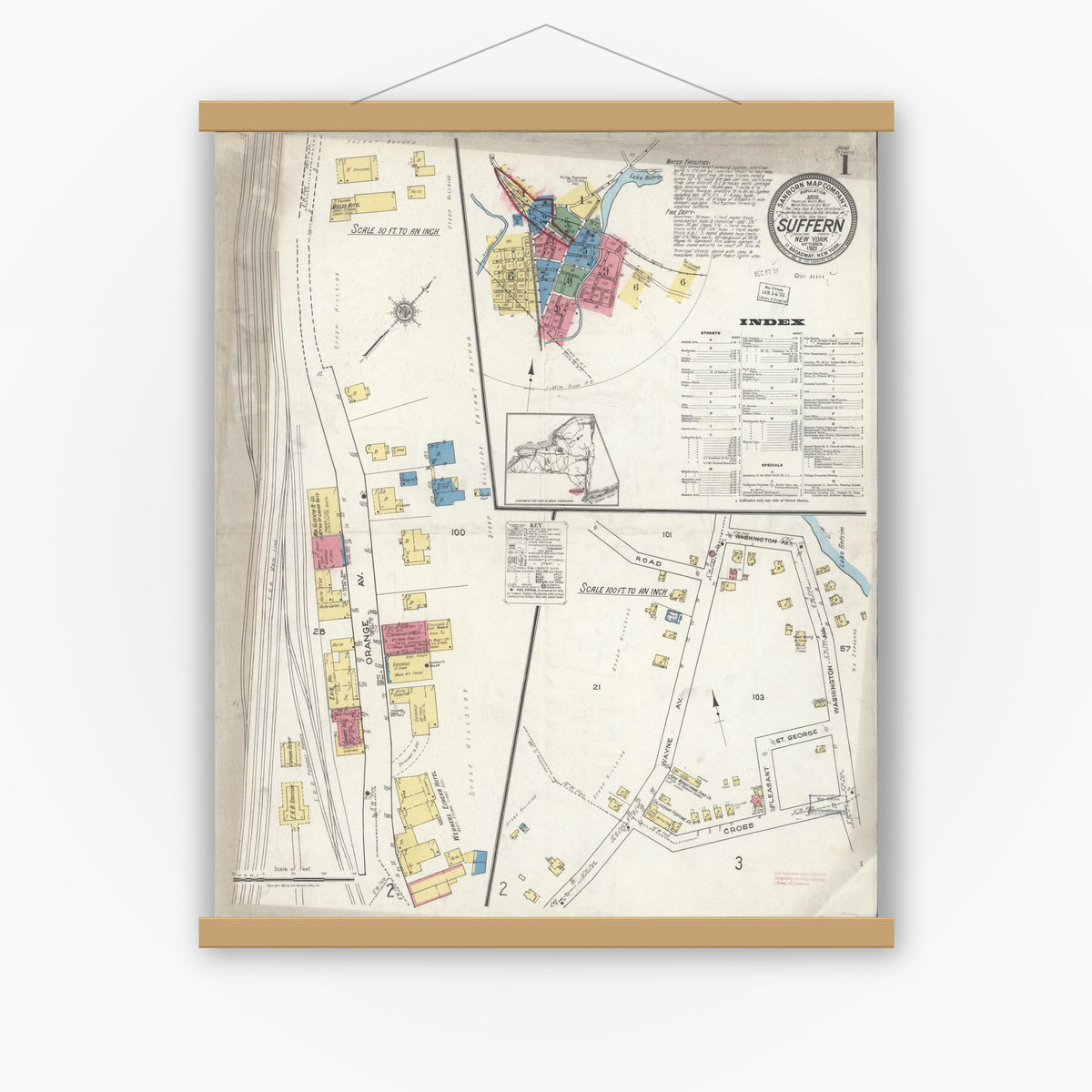 Old map wall art mockup — magnetic wood frame on white wall — Sanborn Fire Insurance Map from Suffern, Rockland County, New York (1921) - Complete Map Set