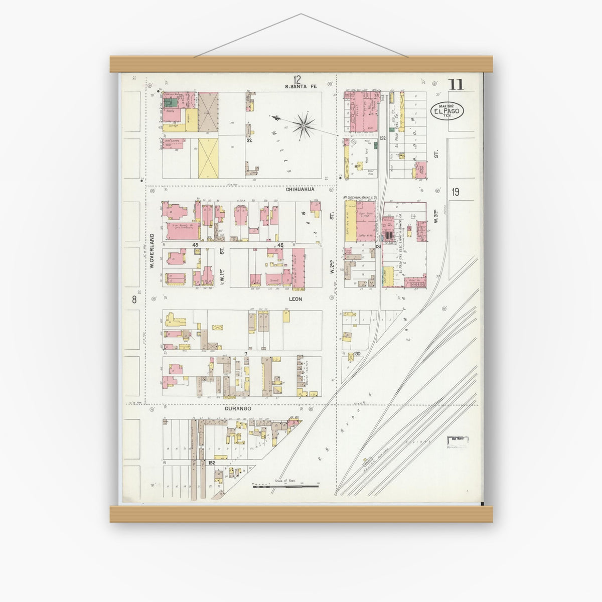 Old map wall art mockup — magnetic wood frame on white wall — Sanborn Fire Insurance Map from El Paso, El Paso County, Texas (1902), Sheet #0011