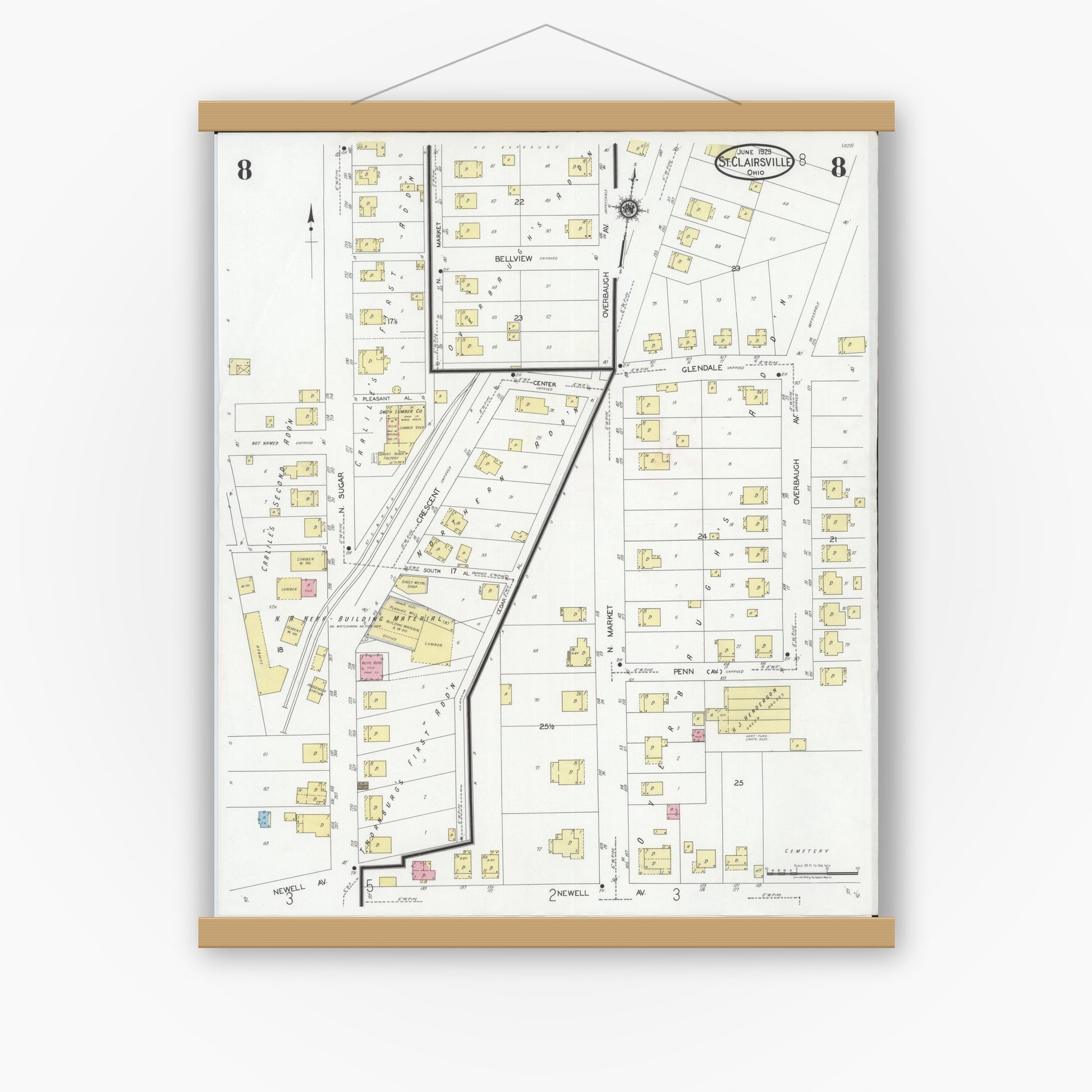 Old map wall art mockup — magnetic wood frame on white wall — Sanborn Fire Insurance Map from Saint Clairsville, Belmont County, Ohio (1929), Sheet #0008