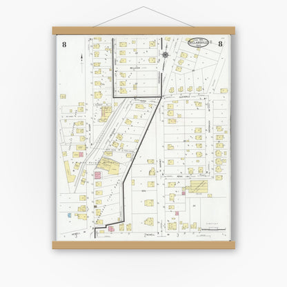 Old map wall art mockup — magnetic wood frame on white wall — Sanborn Fire Insurance Map from Saint Clairsville, Belmont County, Ohio (1929), Sheet #0008