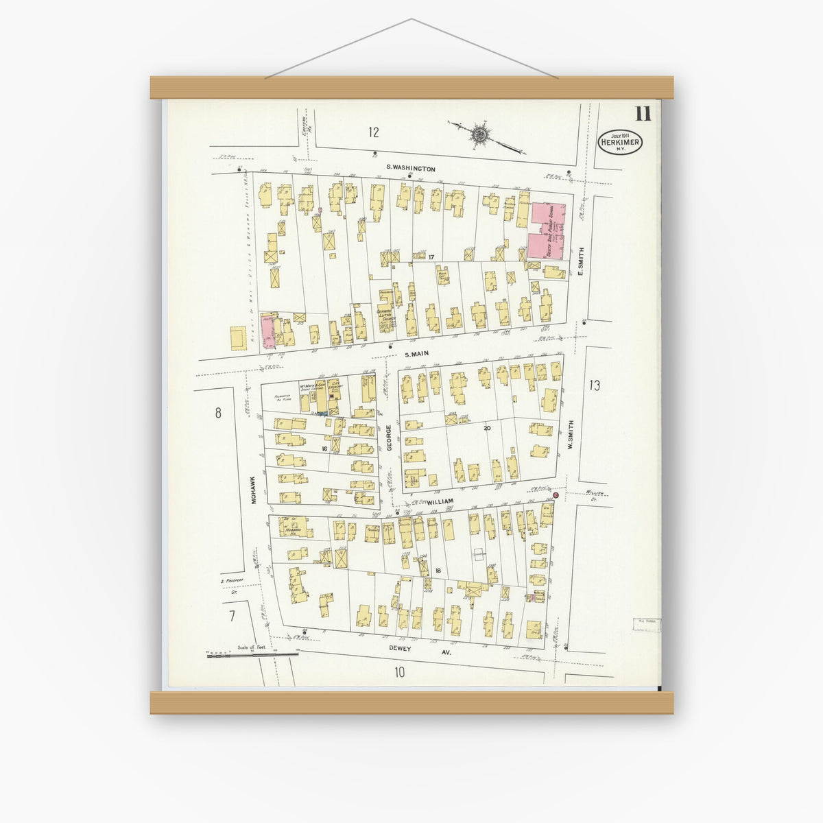 Old map wall art mockup — magnetic wood frame on white wall — Sanborn Fire Insurance Map from Herkimer, Herkimer County, New York (1911), Sheet #0011