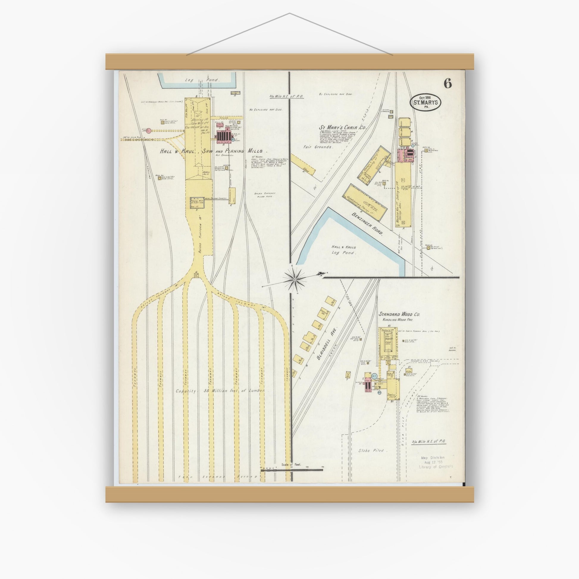 Old map wall art mockup — magnetic wood frame on white wall — Sanborn Fire Insurance Map from Saint Marys, Elk County, Pennsylvania (1898), Sheet #0006