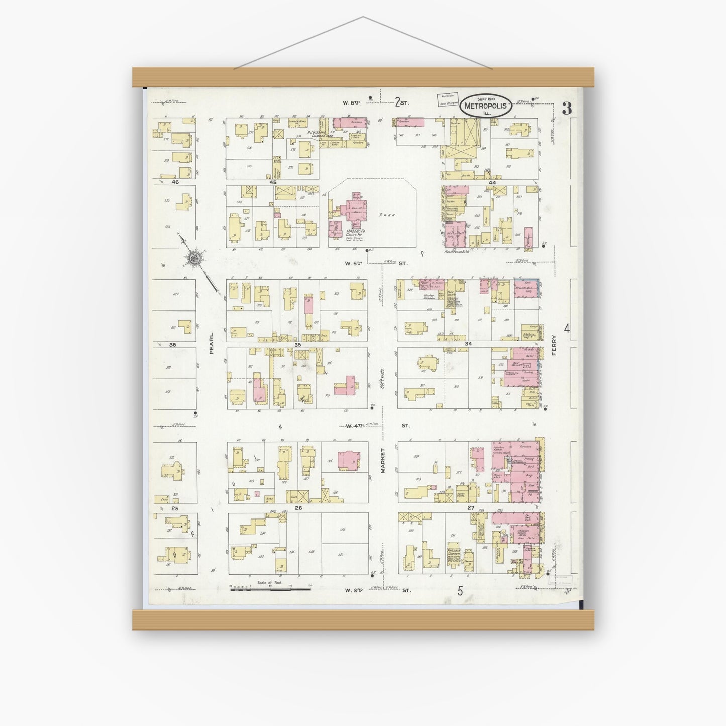 Old map wall art mockup — magnetic wood frame on white wall — Sanborn Fire Insurance Map from Metropolis, Massac County, Illinois (1910), Sheet #0003