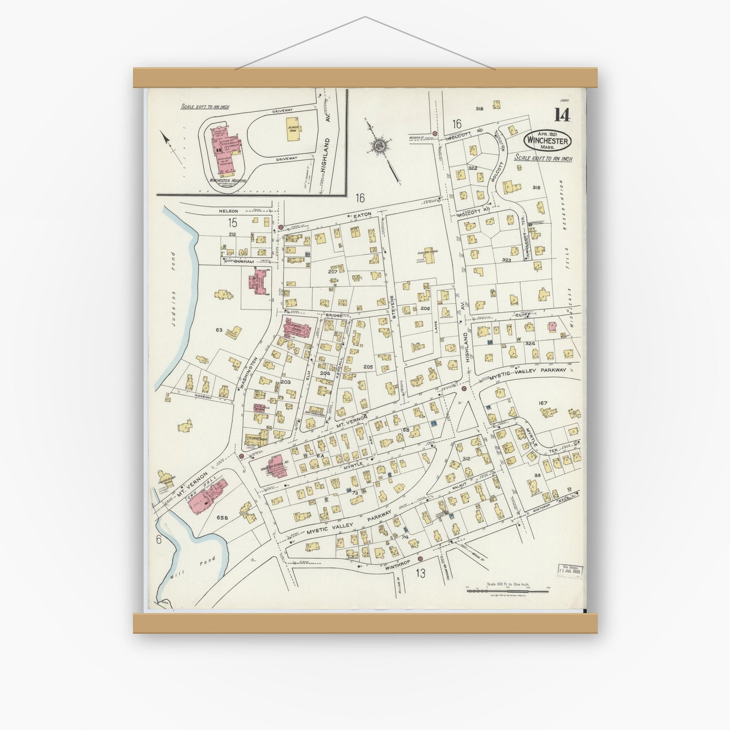 Old map wall art mockup — magnetic wood frame on white wall — Sanborn Fire Insurance Map from Winchester, Middlesex County, Massachusetts (1921), Sheet #0014