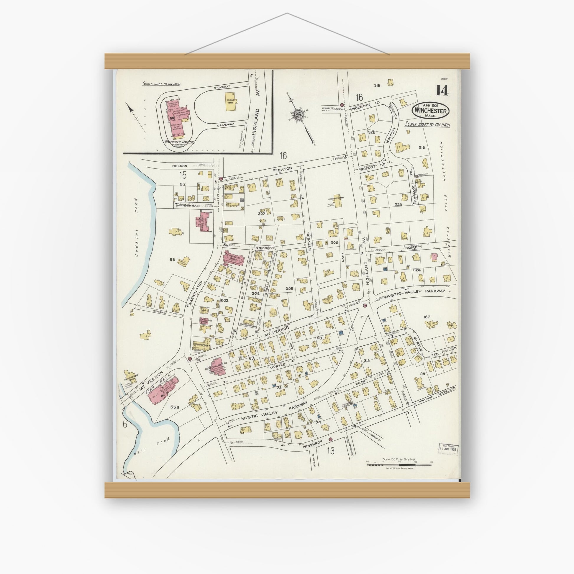 Old map wall art mockup — magnetic wood frame on white wall — Sanborn Fire Insurance Map from Winchester, Middlesex County, Massachusetts (1921), Sheet #0014