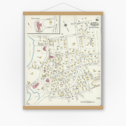 Old map wall art mockup — magnetic wood frame on white wall — Sanborn Fire Insurance Map from Winchester, Middlesex County, Massachusetts (1921), Sheet #0014