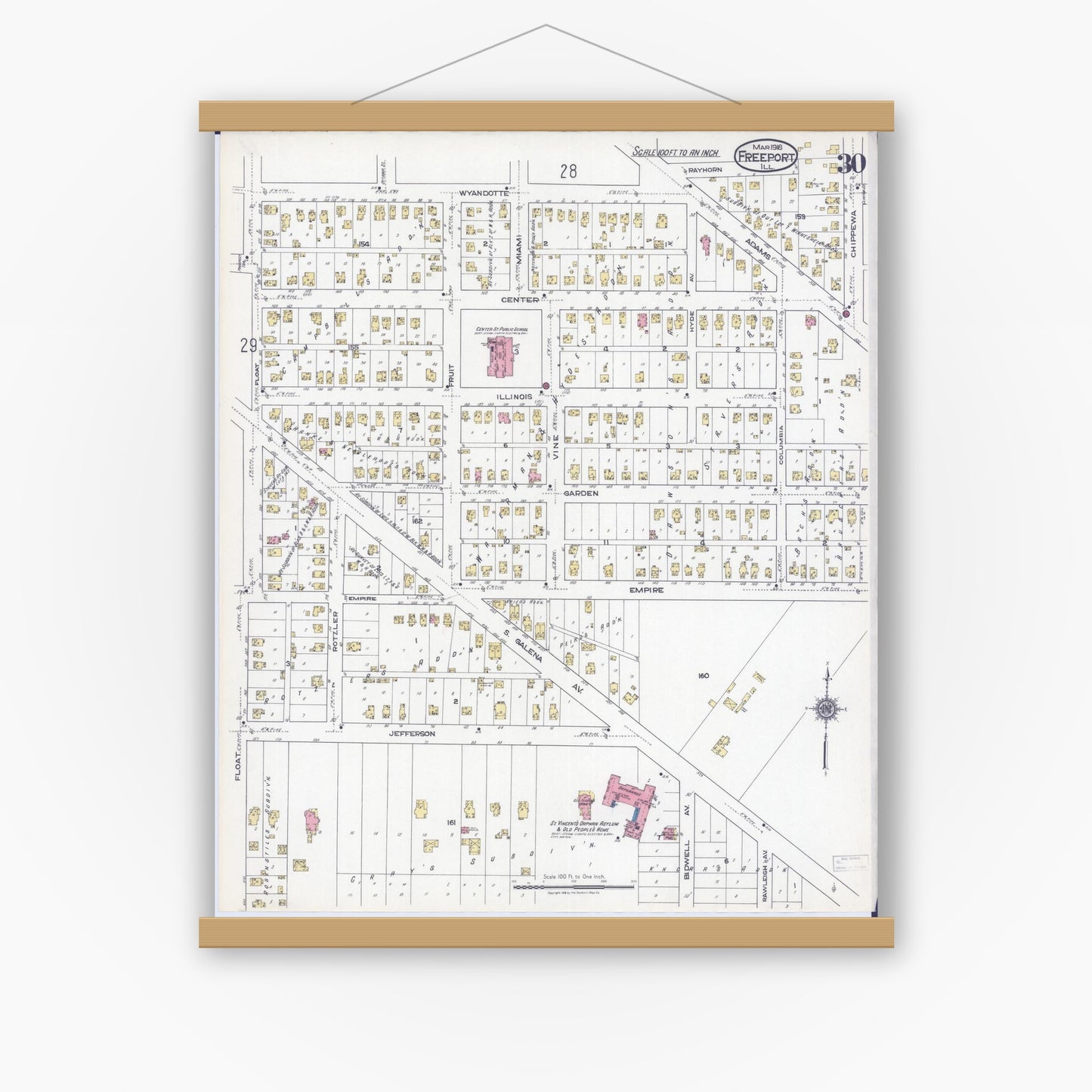 Old map wall art mockup — magnetic wood frame on white wall — Sanborn Fire Insurance Map from Freeport, Stephenson County, Illinois (1918), Sheet #0030