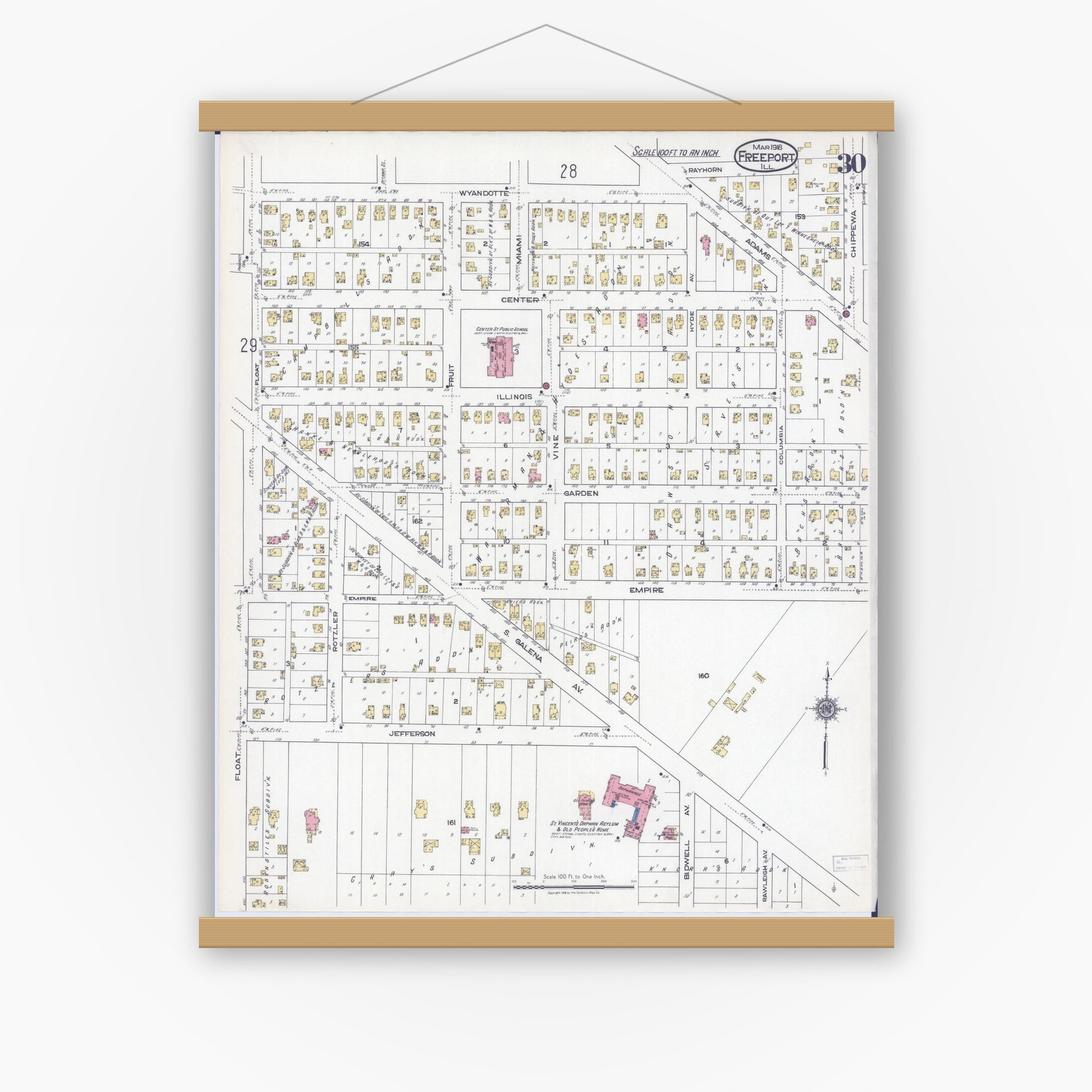 Old map wall art mockup — magnetic wood frame on white wall — Sanborn Fire Insurance Map from Freeport, Stephenson County, Illinois (1918), Sheet #0030