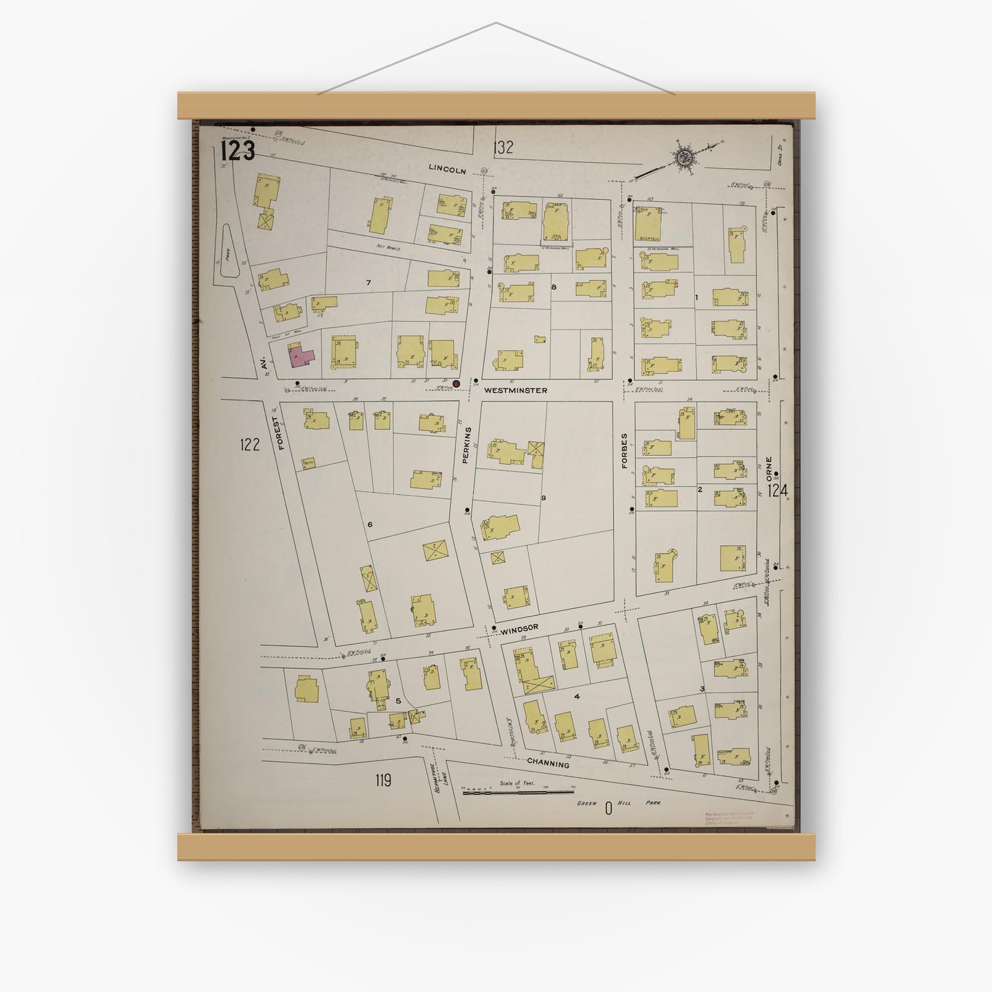 Old map wall art mockup — magnetic wood frame on white wall — Sanborn Fire Insurance Map from Worcester, Worcester County, Massachusetts (1910), Sheet #0123